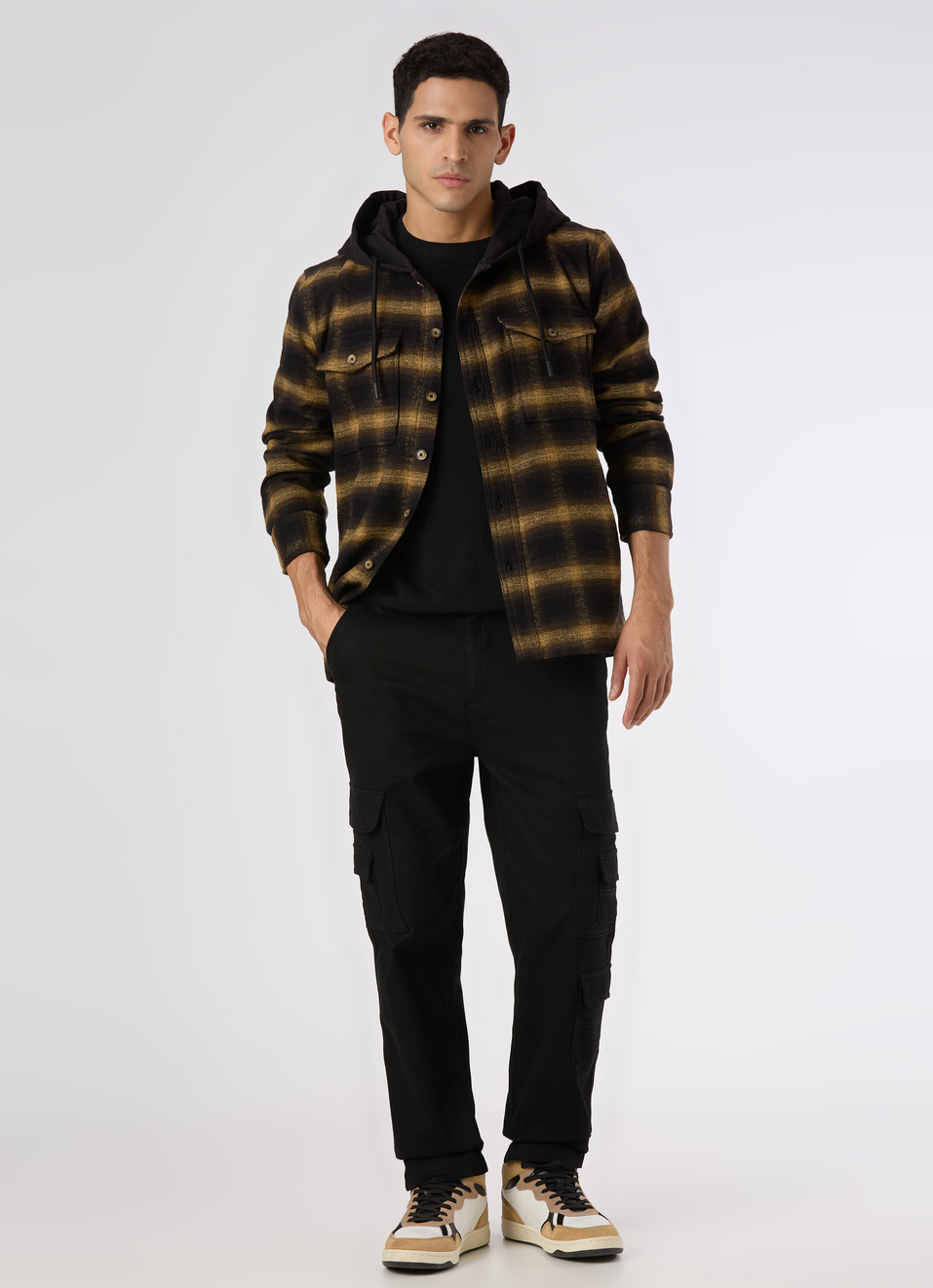 Men Oversized Black Checked Hooded Shirt, , large image number 5