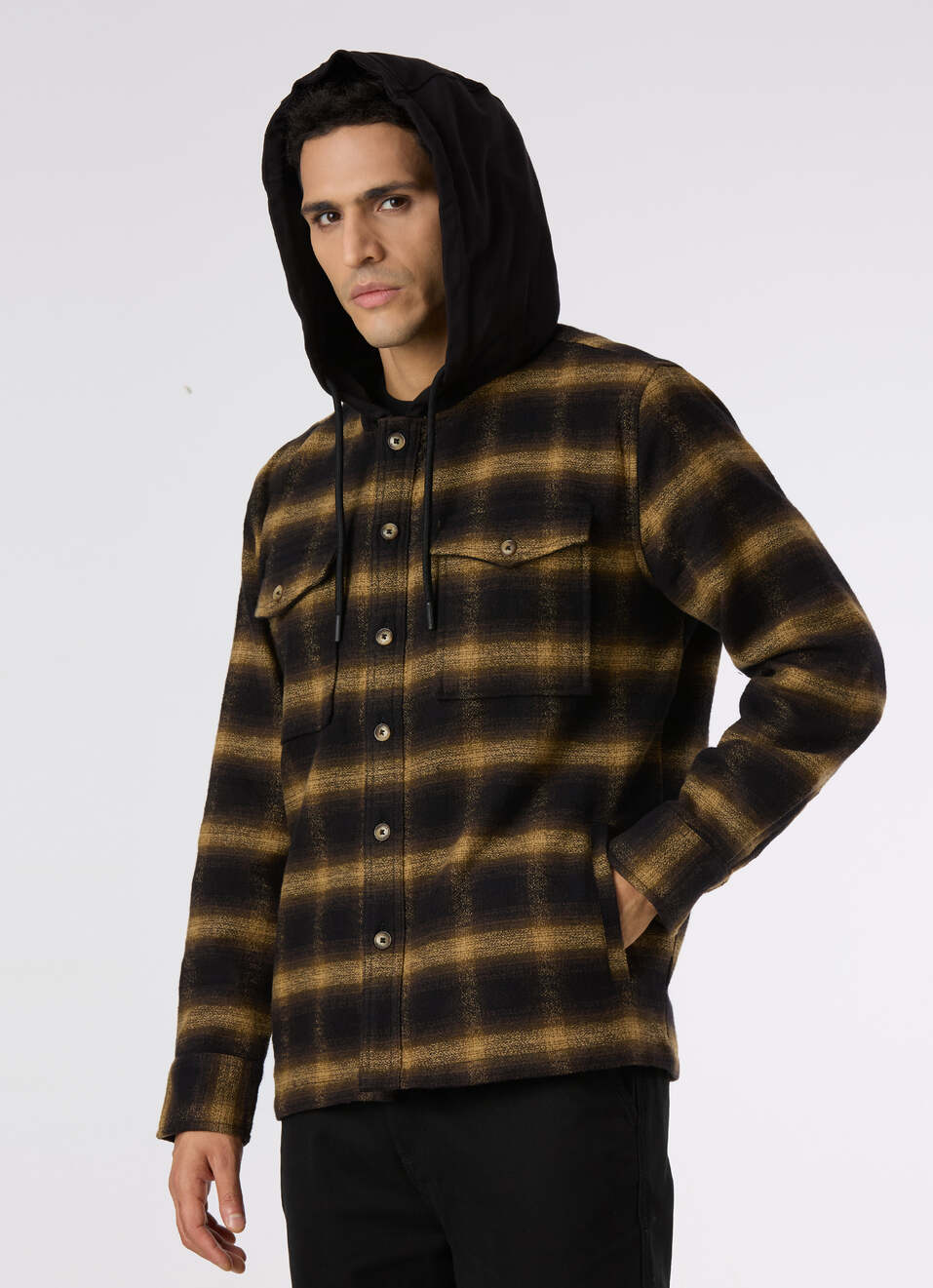 Men Oversized Black Checked Hooded Shirt, , large image number 6