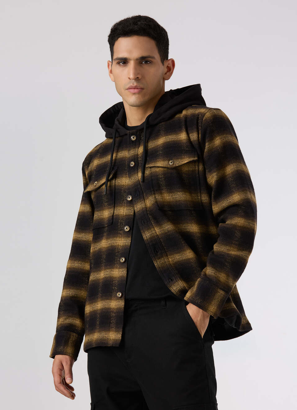 Men Oversized Black Checked Hooded Shirt, , large image number 0