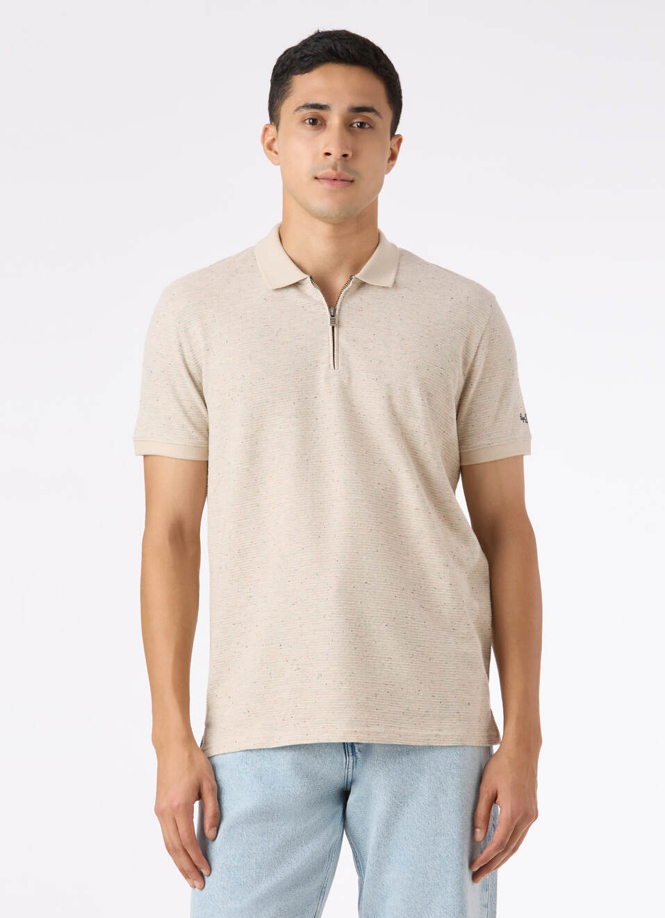 Men Ivory Textured Zip Neck Polo, , large image number 1