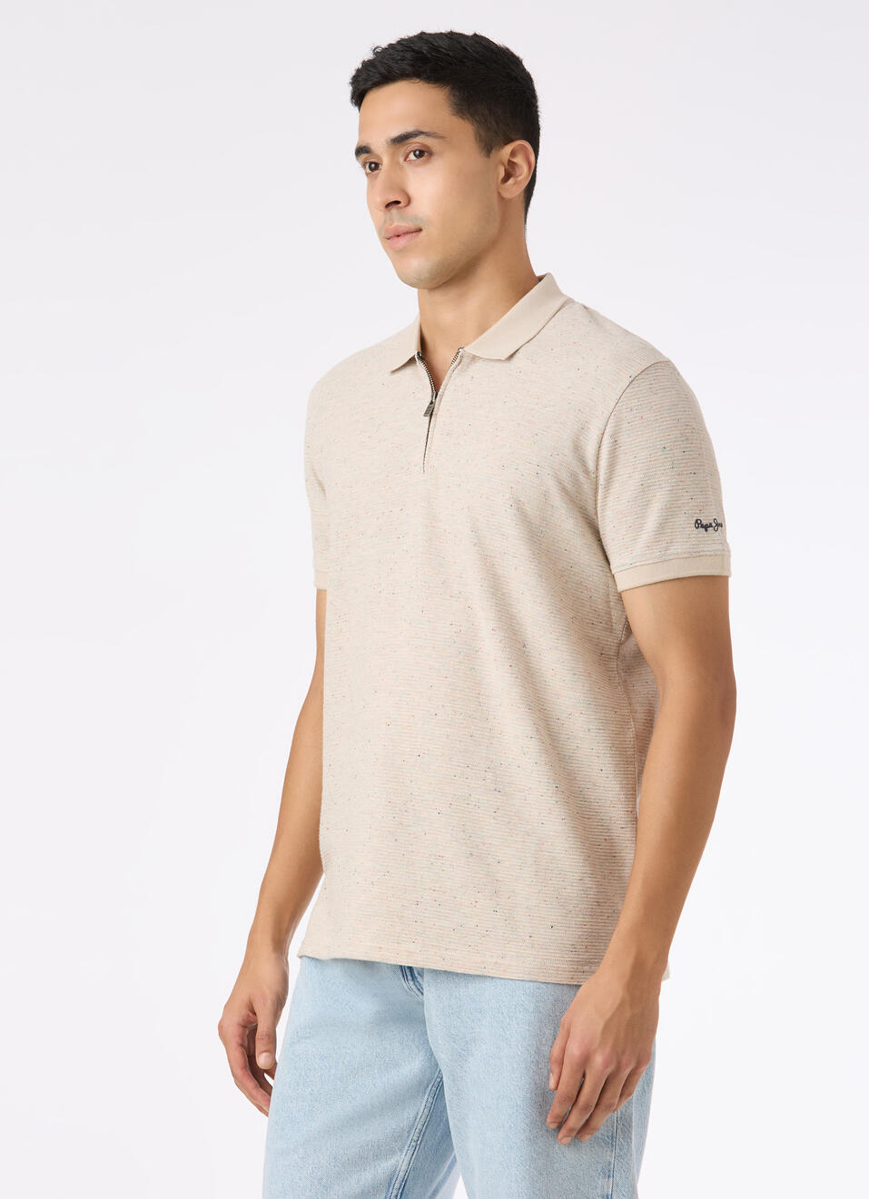 Men Ivory Textured Zip Neck Polo, , large image number 3