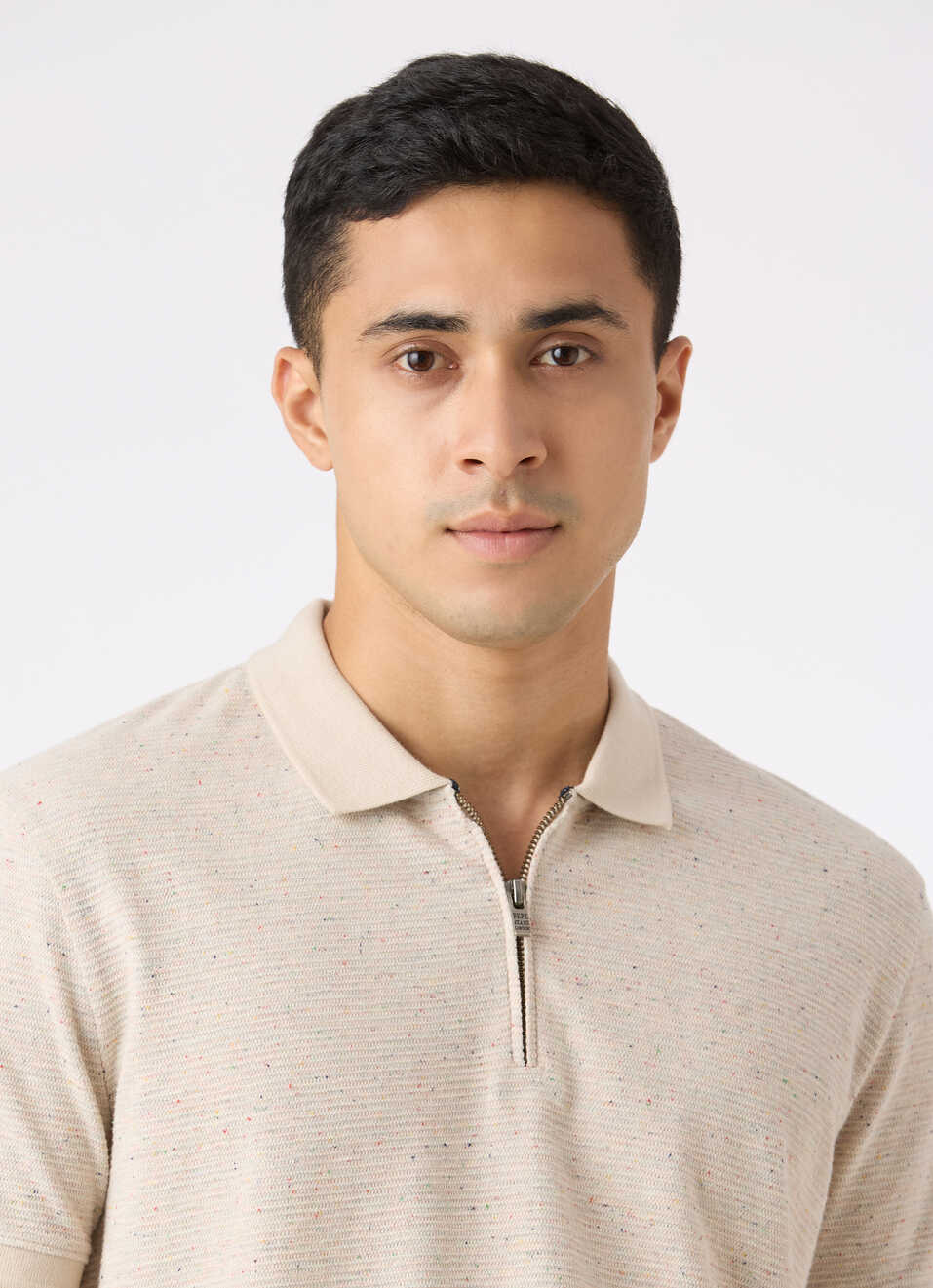 Men Ivory Textured Zip Neck Polo, , large image number 4