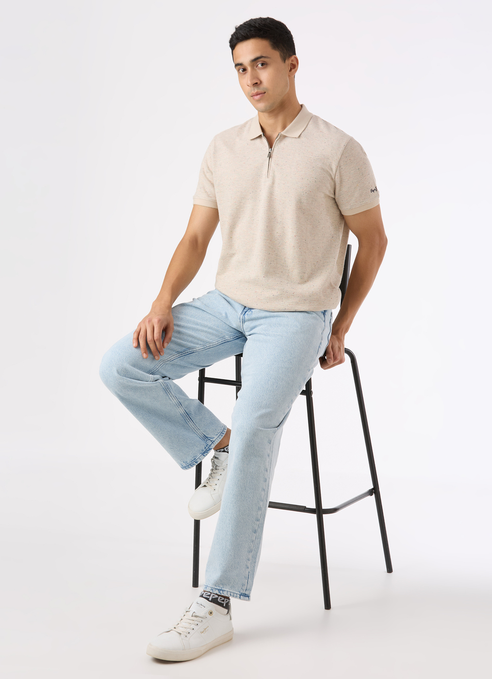 Men Ivory Textured Zip Neck Polo, , large image number 5