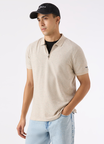 Men Ivory Textured Zip Neck Polo