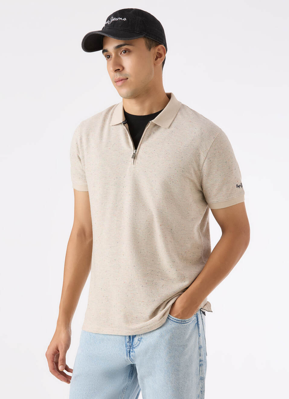 Men Ivory Textured Zip Neck Polo, , large image number 0