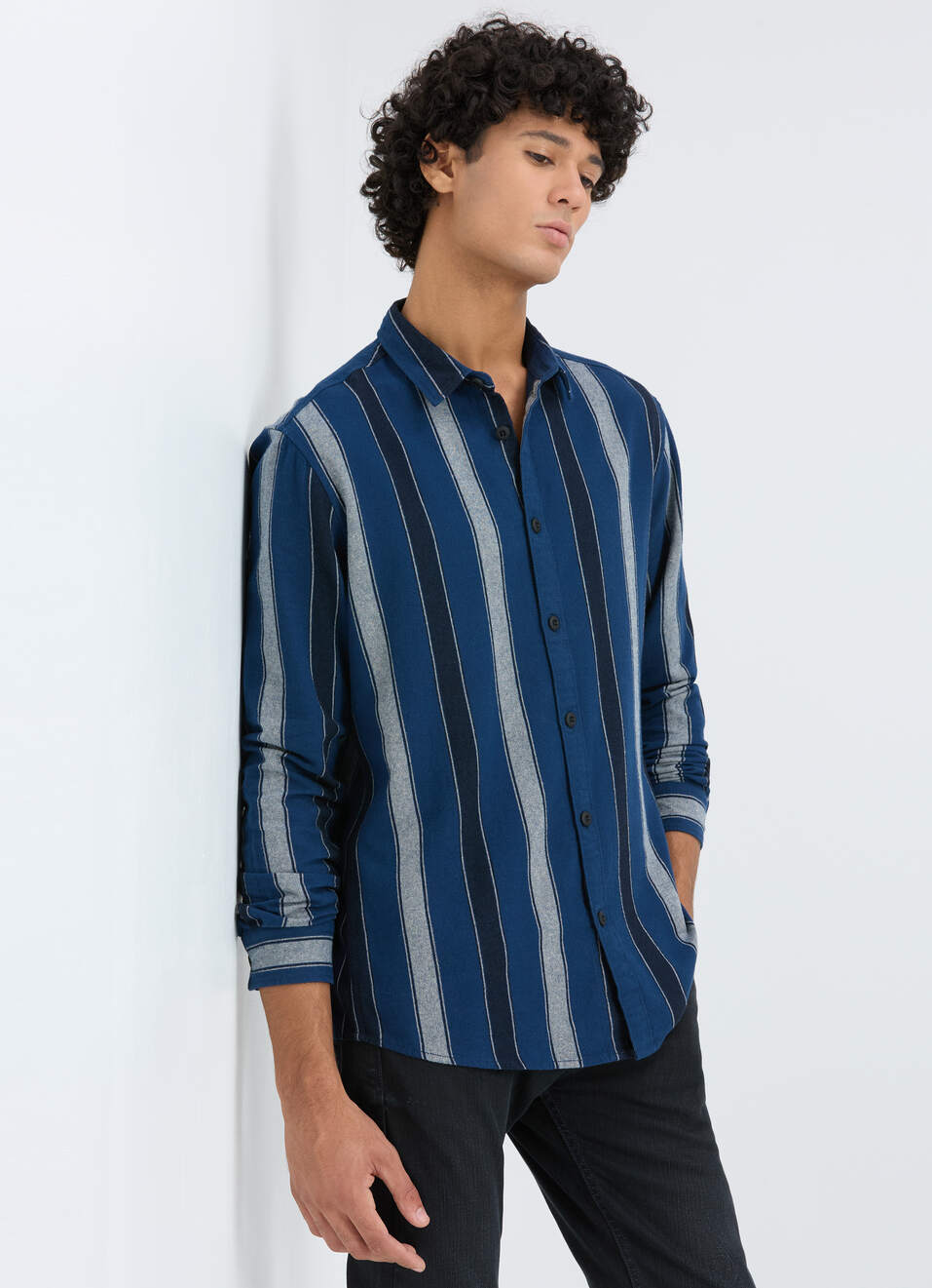 Men Blue Vertical Stripe Full Sleeve Shirt, , large image number 0