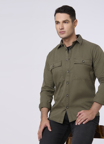 Men Olive Flap Utility Pockets Casual Shirt