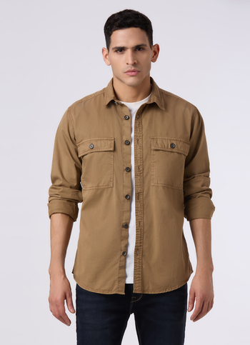Men Khaki Flap Utility Pockets Casual Shirt