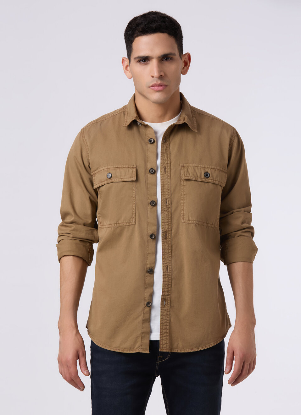 Men Khaki Flap Utility Pockets Casual Shirt, , large image number 0