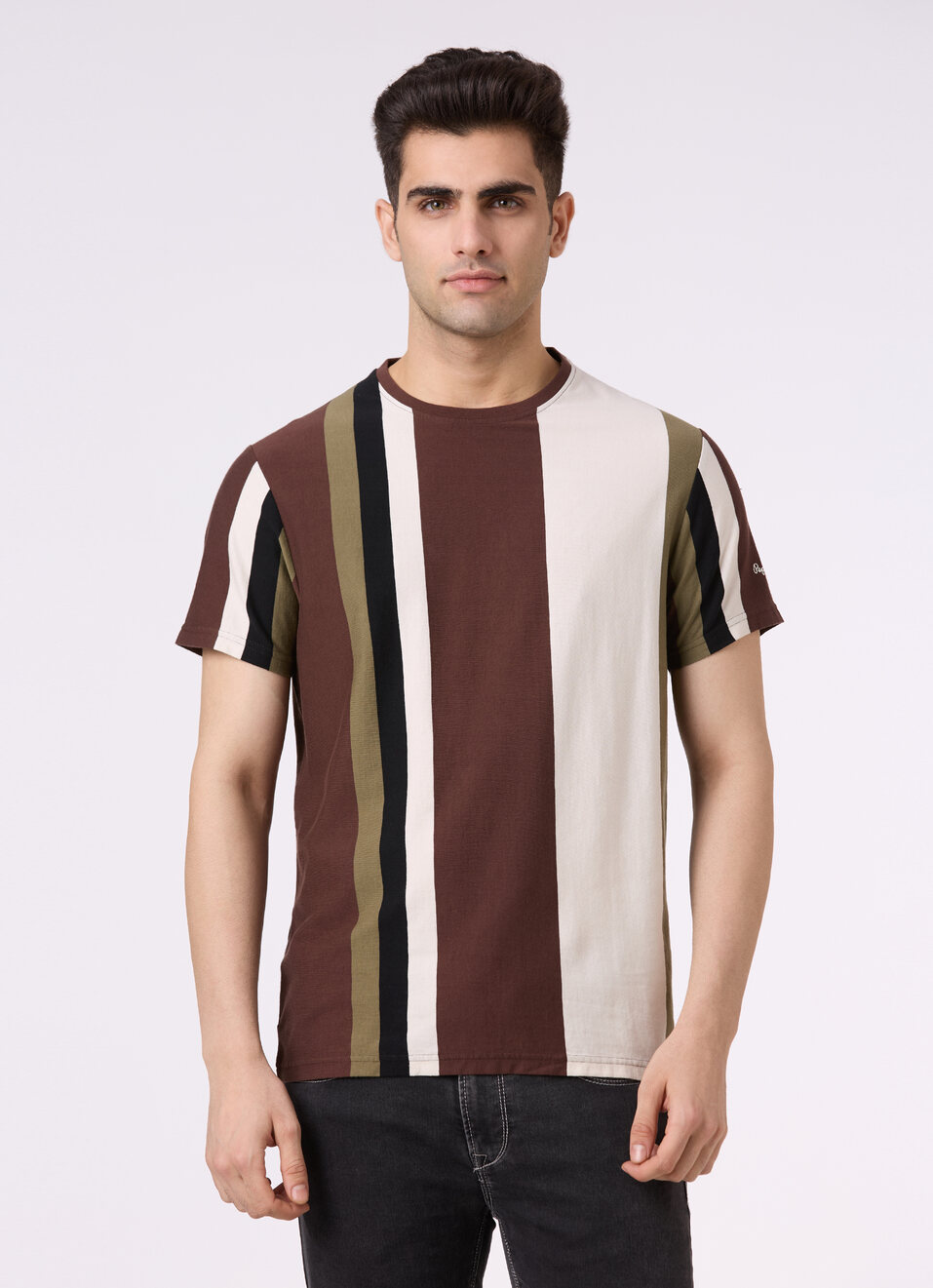 Men Brown Vertical Stripe Short Sleeve T-shirt, , large image number 1