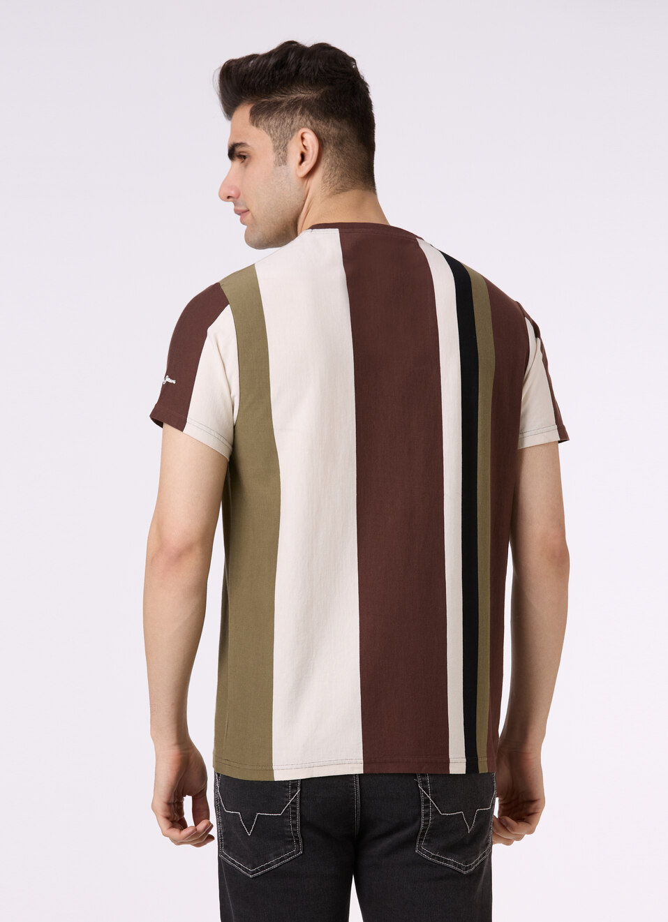 Men Brown Vertical Stripe Short Sleeve T-shirt, , large image number 2