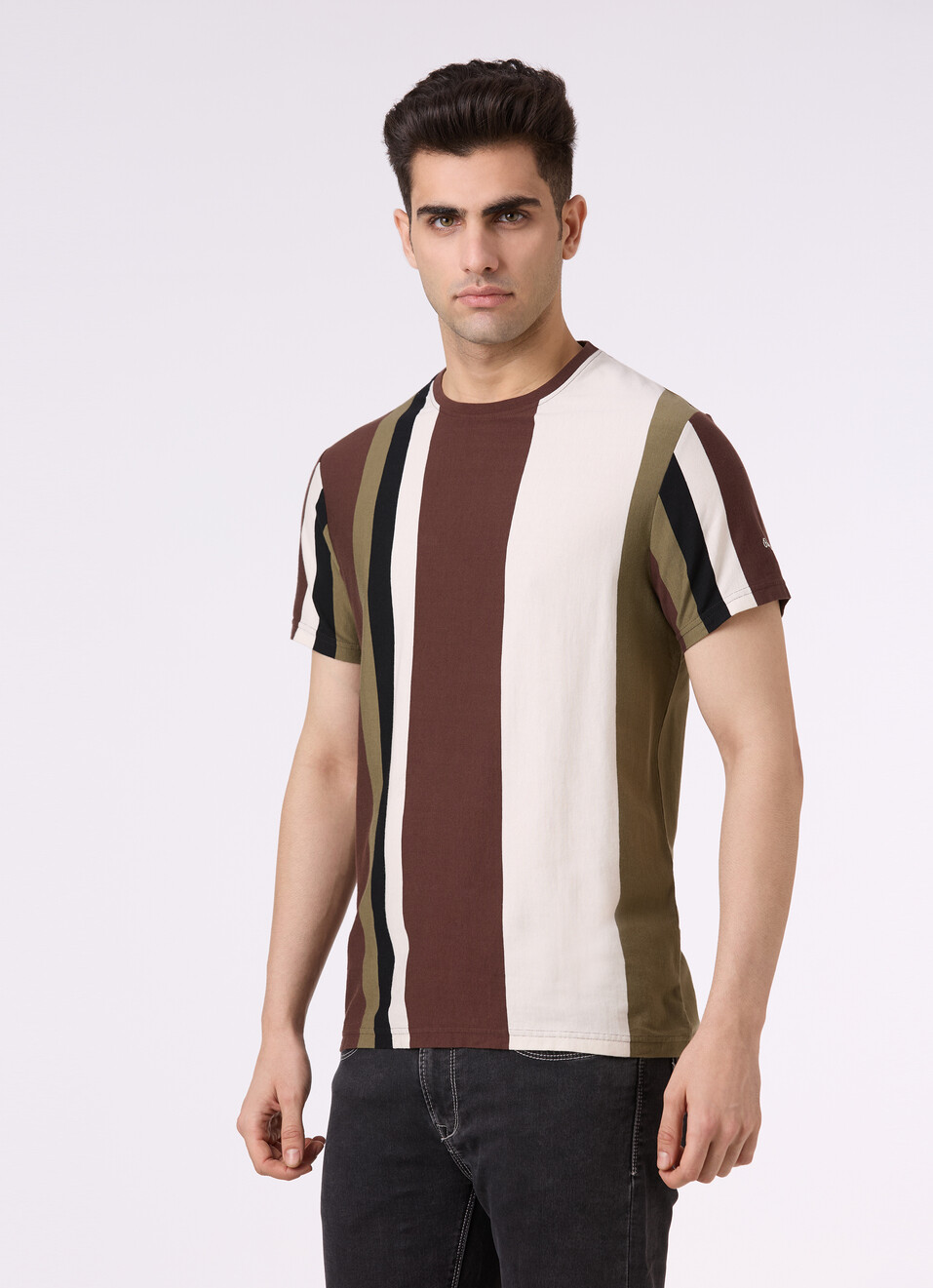 Men Brown Vertical Stripe Short Sleeve T-shirt, , large image number 3
