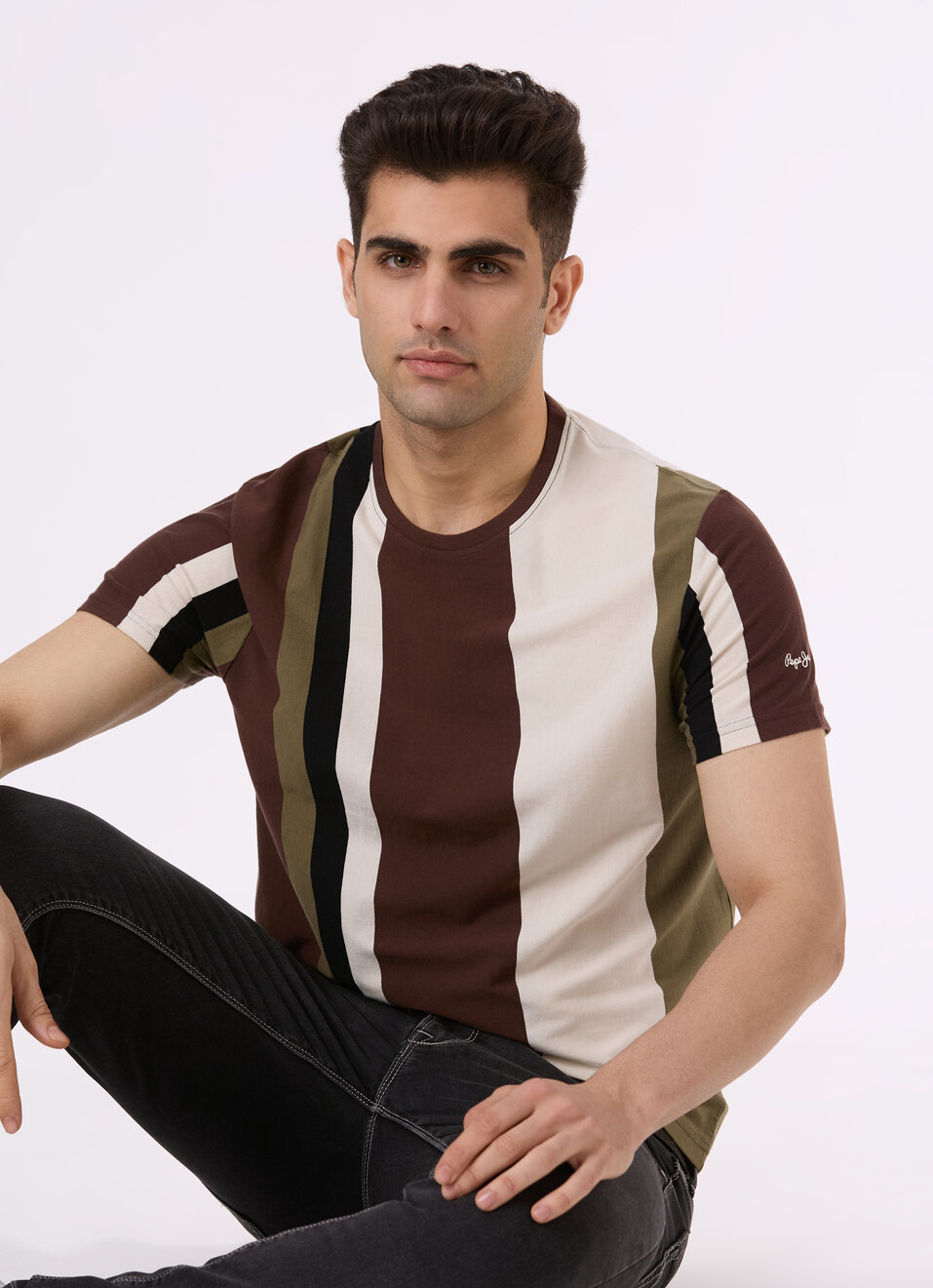 Men Brown Vertical Stripe Short Sleeve T-shirt, , large image number 0