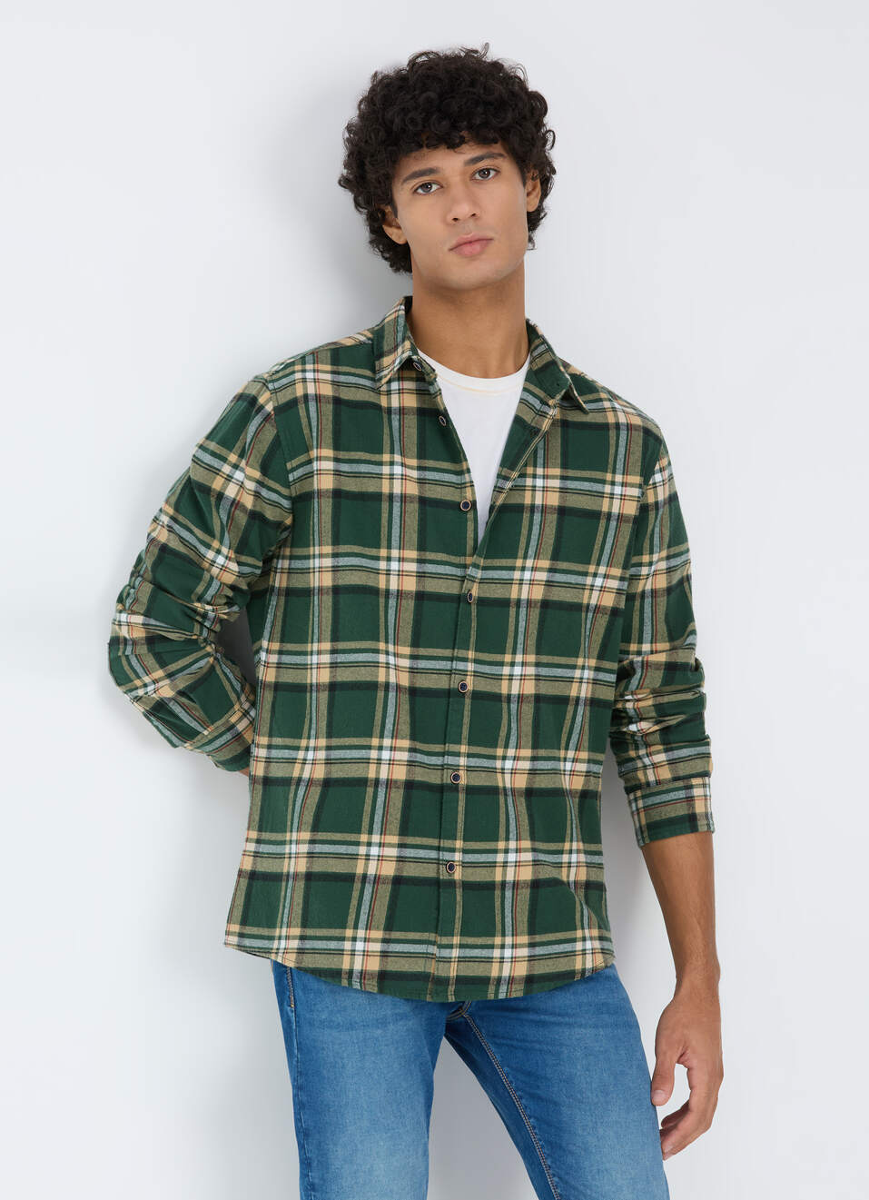 Men Green & Beige Check Full Sleeve Shirt, , large image number 0