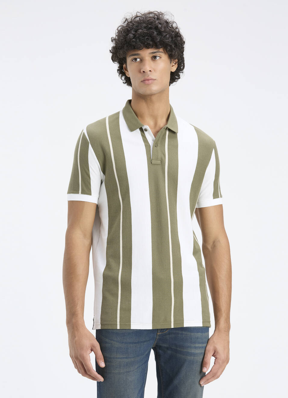 Men Olive & White Vertical Stripe Polo, , large image number 1