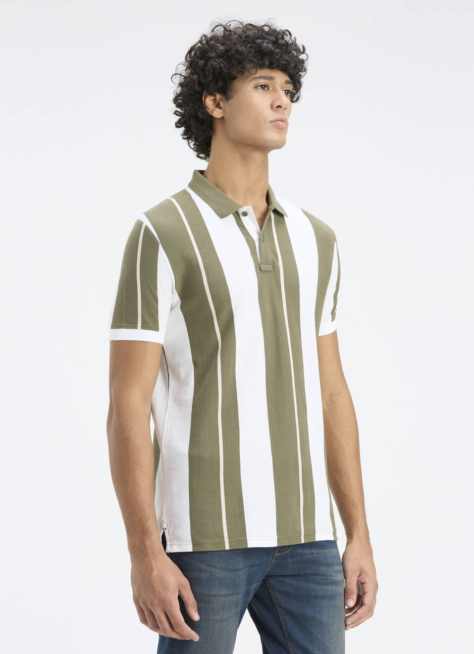 Men Olive & White Vertical Stripe Polo, , large image number 3