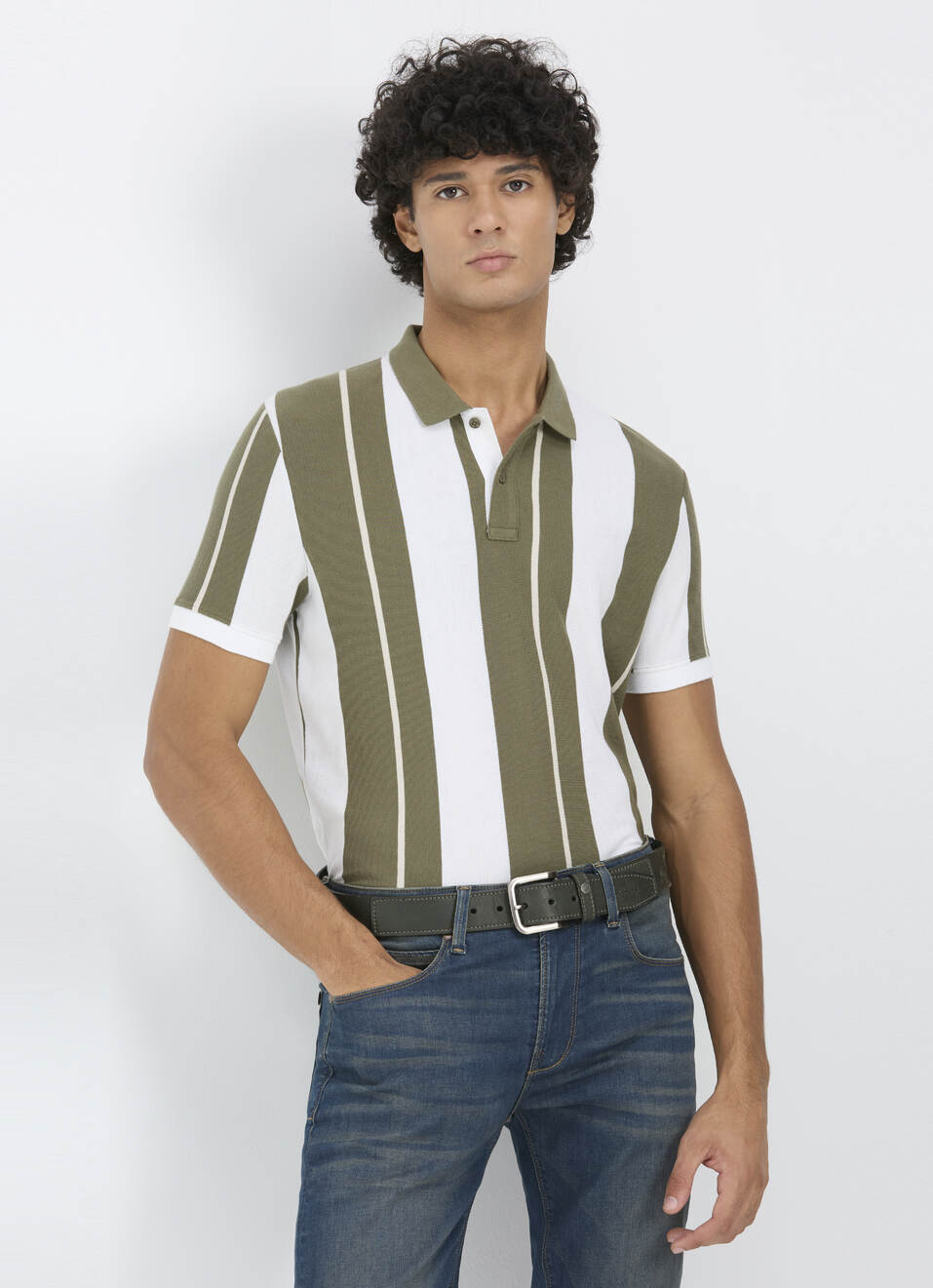 Men Olive & White Vertical Stripe Polo, , large image number 0