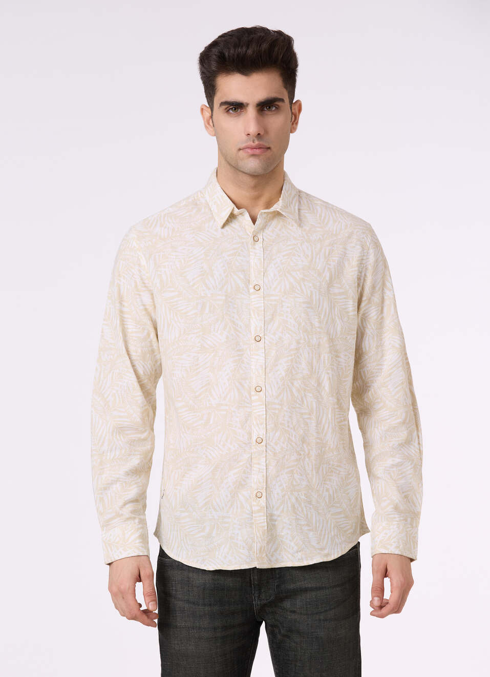 Men Beige Botanical Print Full Sleeve Shirt, , large image number 1