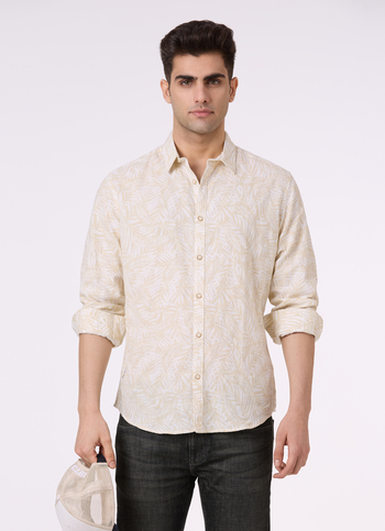 Men Beige Botanical Print Full Sleeve Shirt