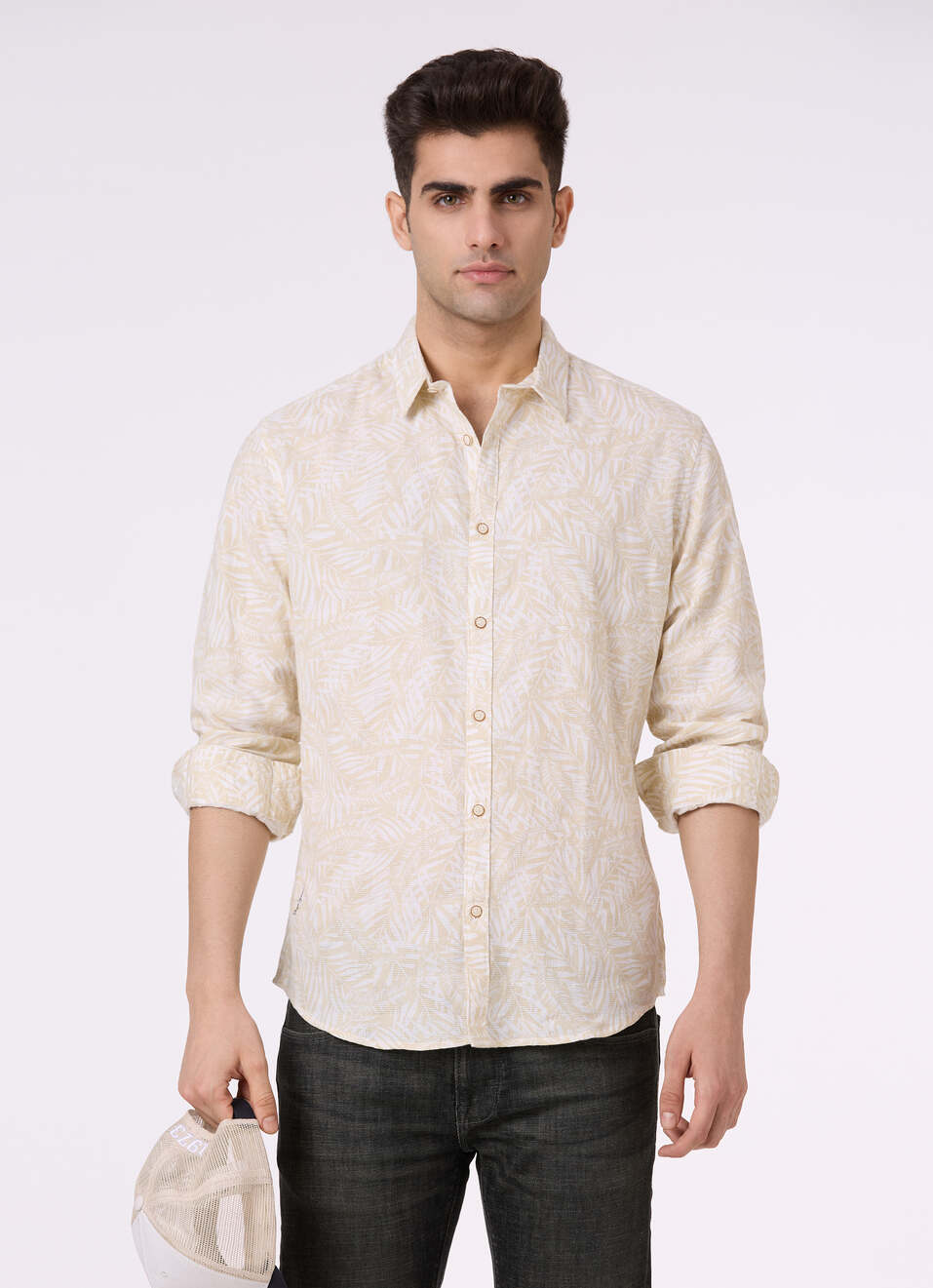 Men Beige Botanical Print Full Sleeve Shirt, , large image number 0