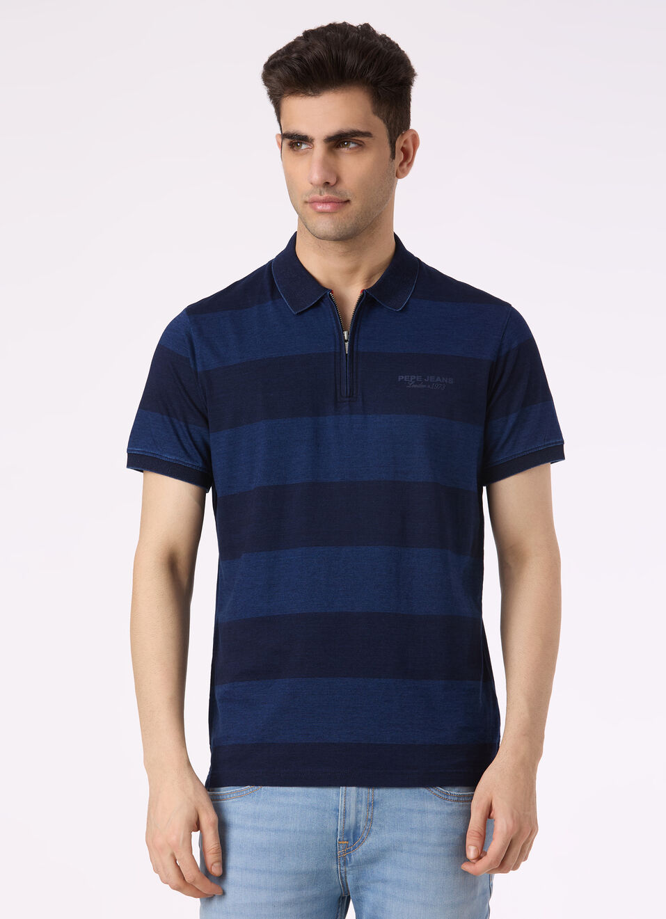 Men Blue Stripe Zip Placket Polo, , large image number 1