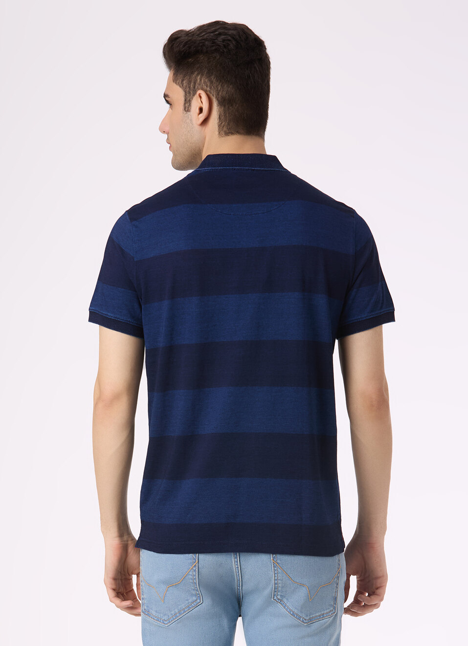 Men Blue Stripe Zip Placket Polo, , large image number 2