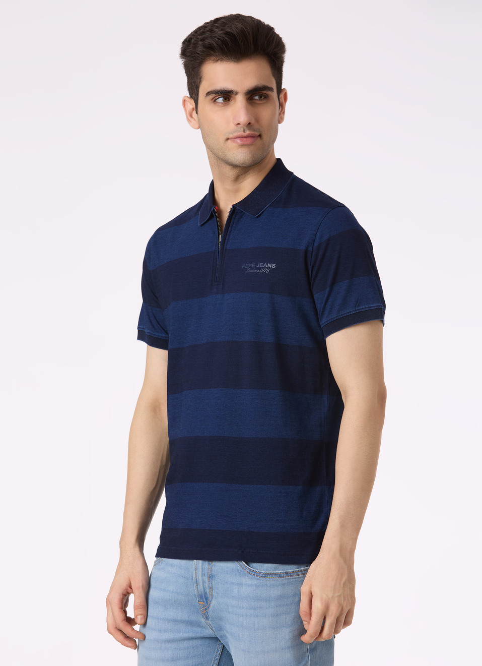 Men Blue Stripe Zip Placket Polo, , large image number 3