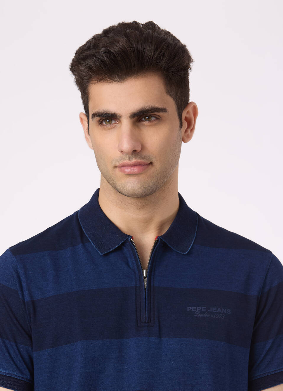 Men Blue Stripe Zip Placket Polo, , large image number 4