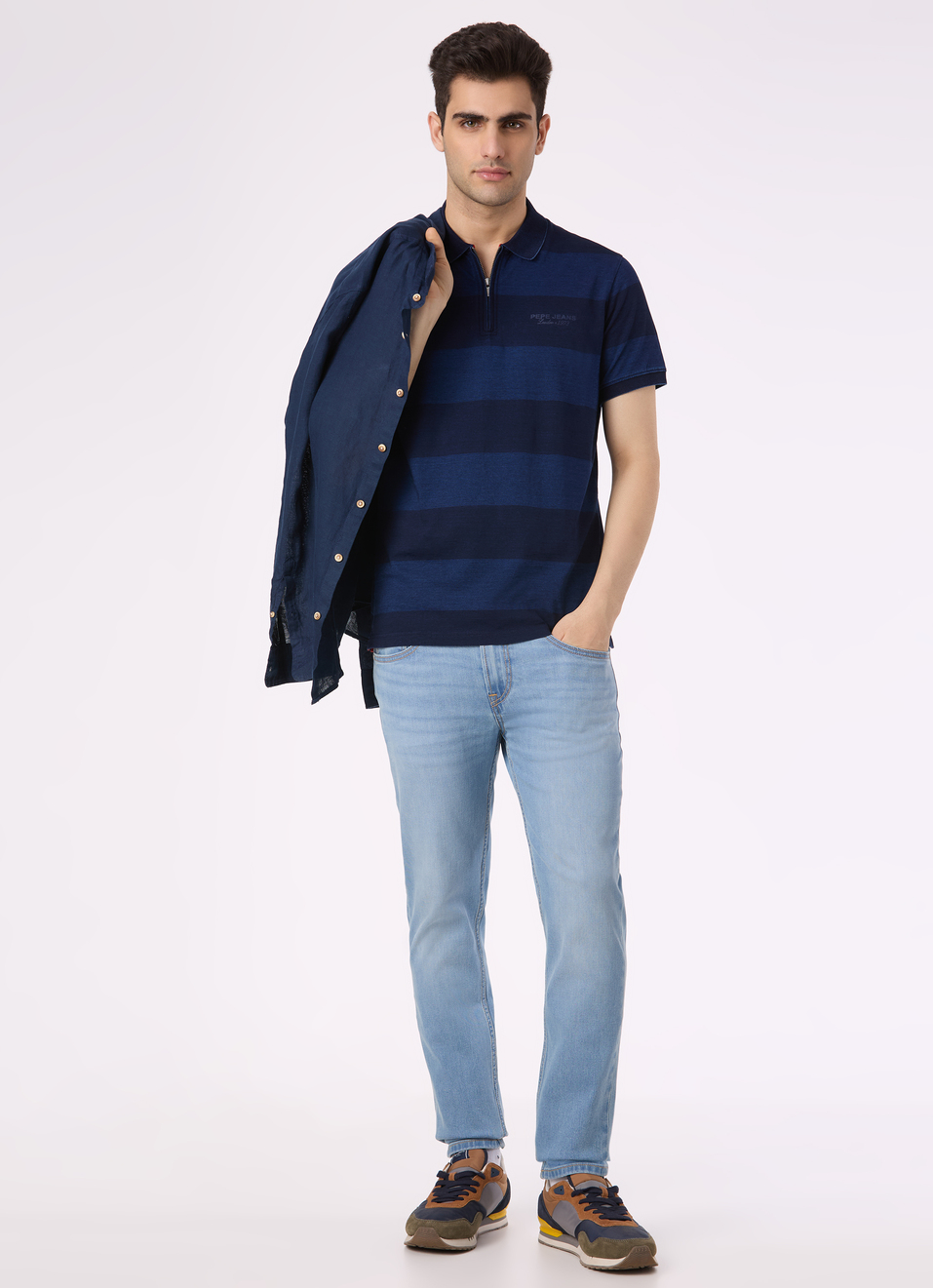 Men Blue Stripe Zip Placket Polo, , large image number 5