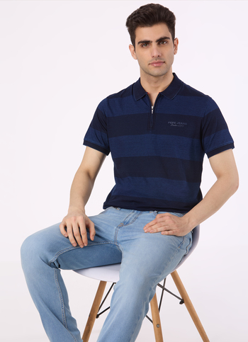 Men Blue Stripe Zip Placket Polo