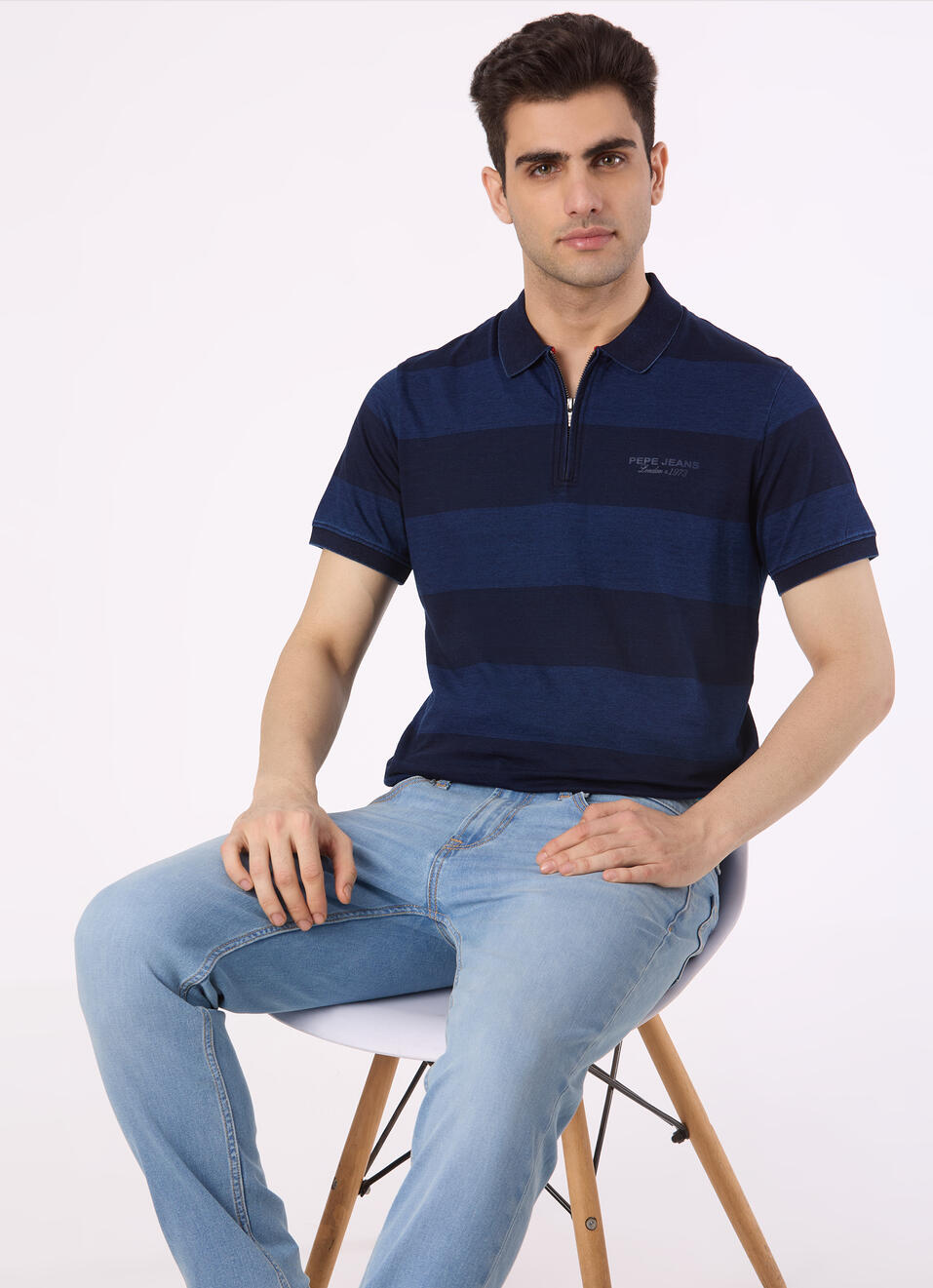 Men Blue Stripe Zip Placket Polo, , large image number 0