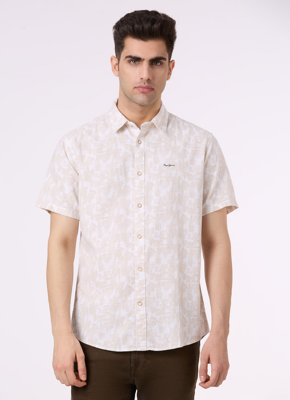 Men Beige Abstract Print Short Sleeve Shirt, , large image number 1