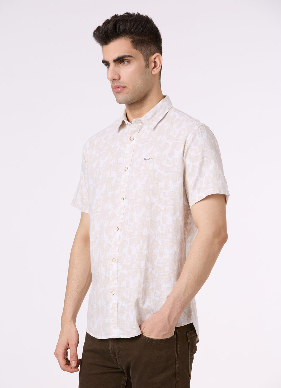 Men Beige Abstract Print Short Sleeve Shirt, , large image number 3
