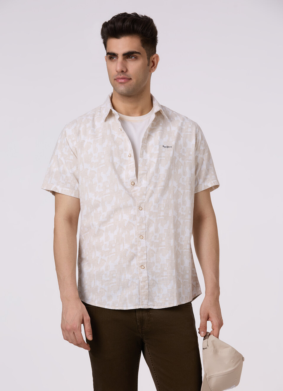 Men Beige Abstract Print Short Sleeve Shirt, , large image number 0