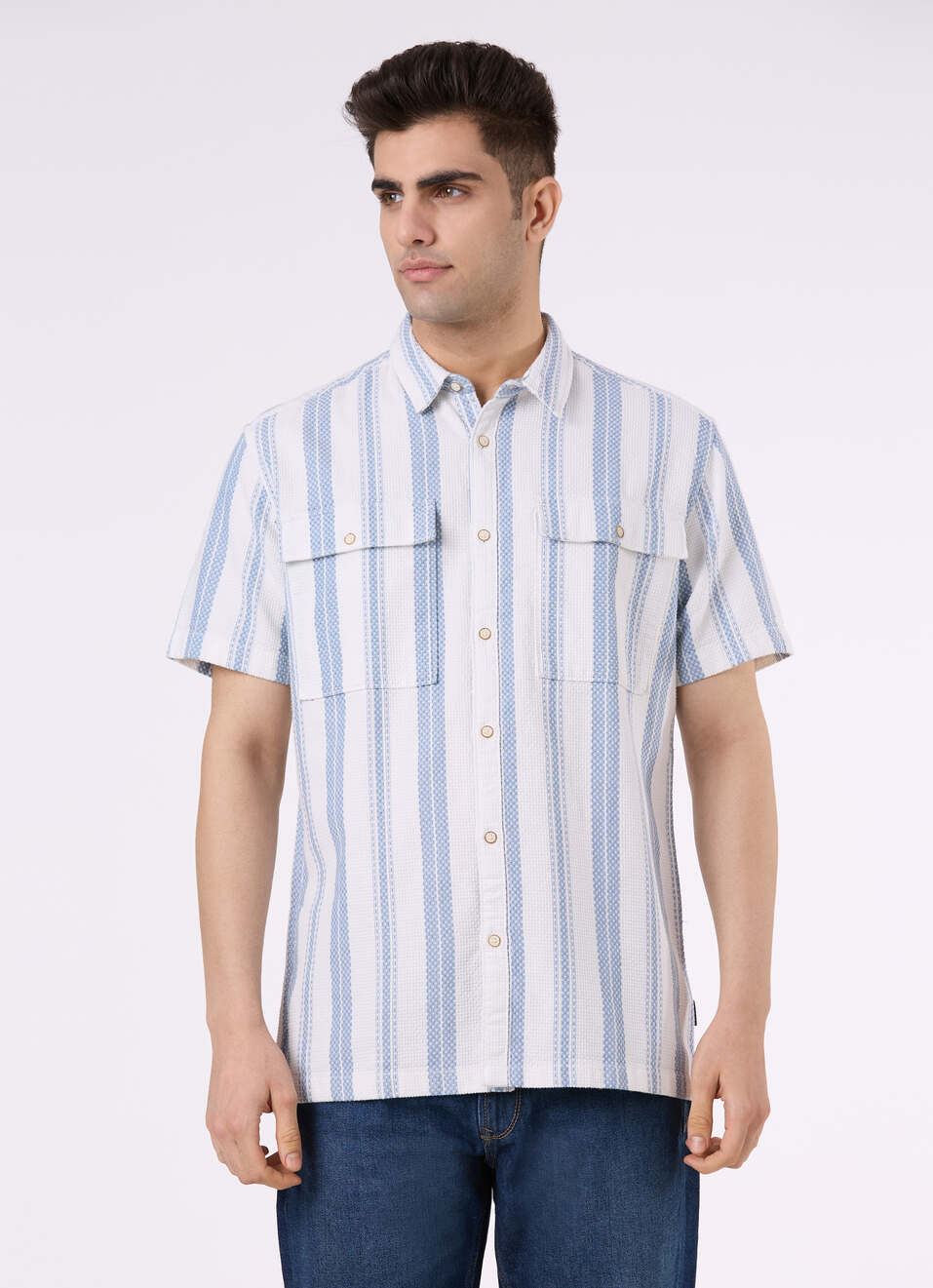 Men White Vertical Stripe Short Sleeve Shirt, , large image number 1