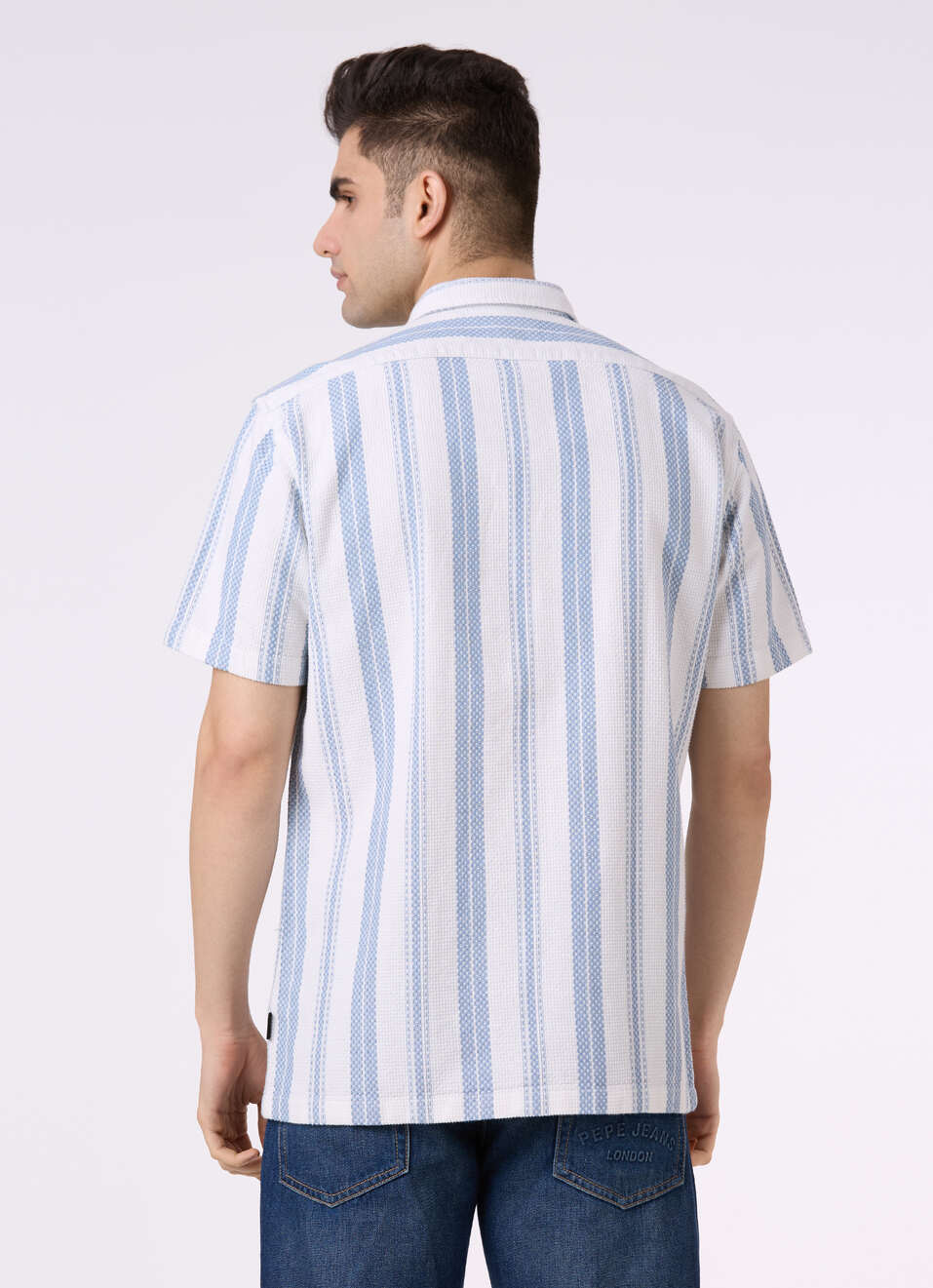 Men White Vertical Stripe Short Sleeve Shirt, , large image number 2