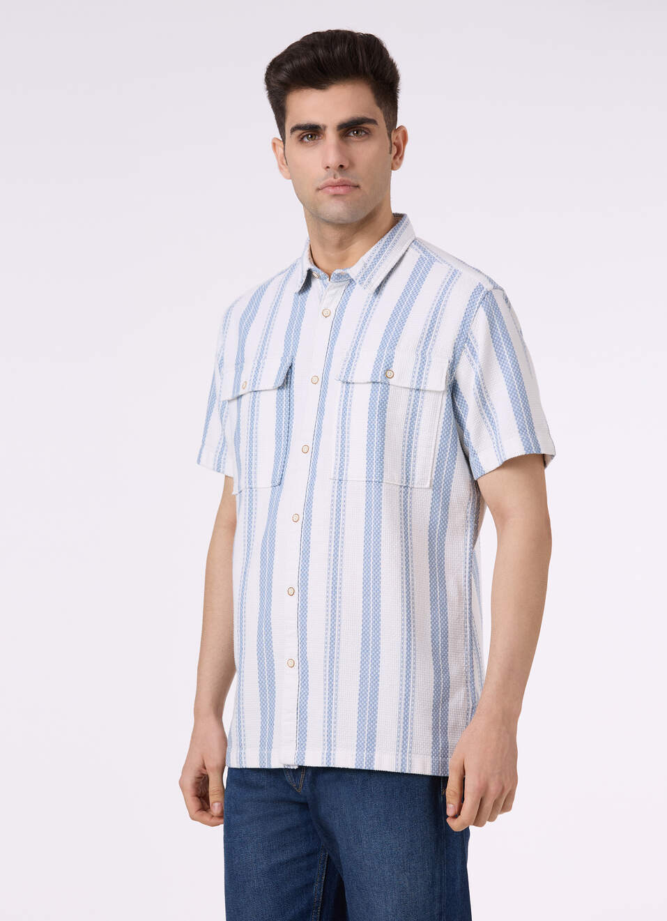 Men White Vertical Stripe Short Sleeve Shirt, , large image number 3