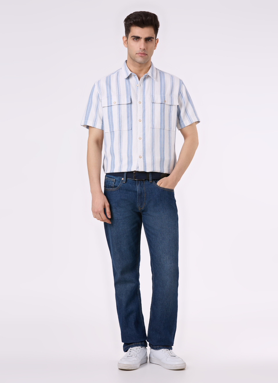 Men White Vertical Stripe Short Sleeve Shirt, , large image number 5