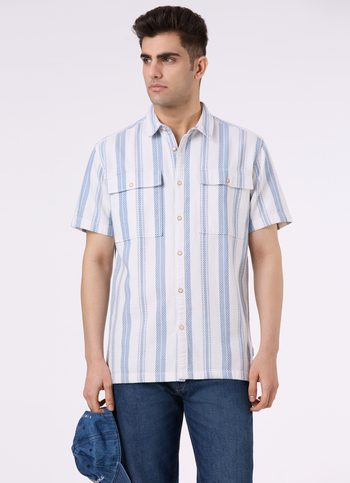 Men White Vertical Stripe Short Sleeve Shirt