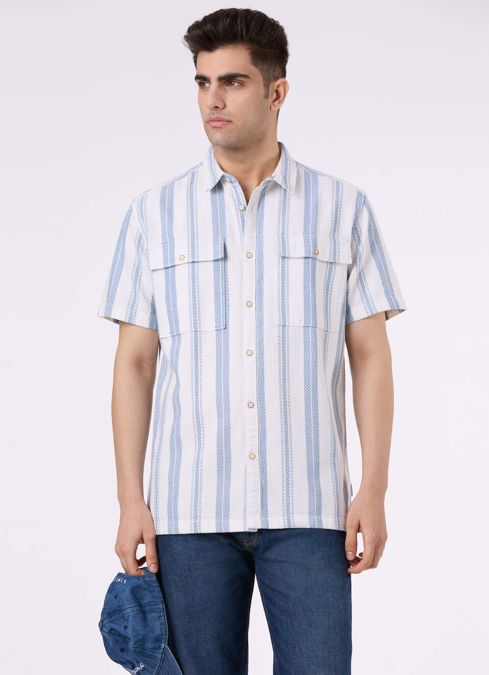 Men White Vertical Stripe Short Sleeve Shirt, , large image number 0