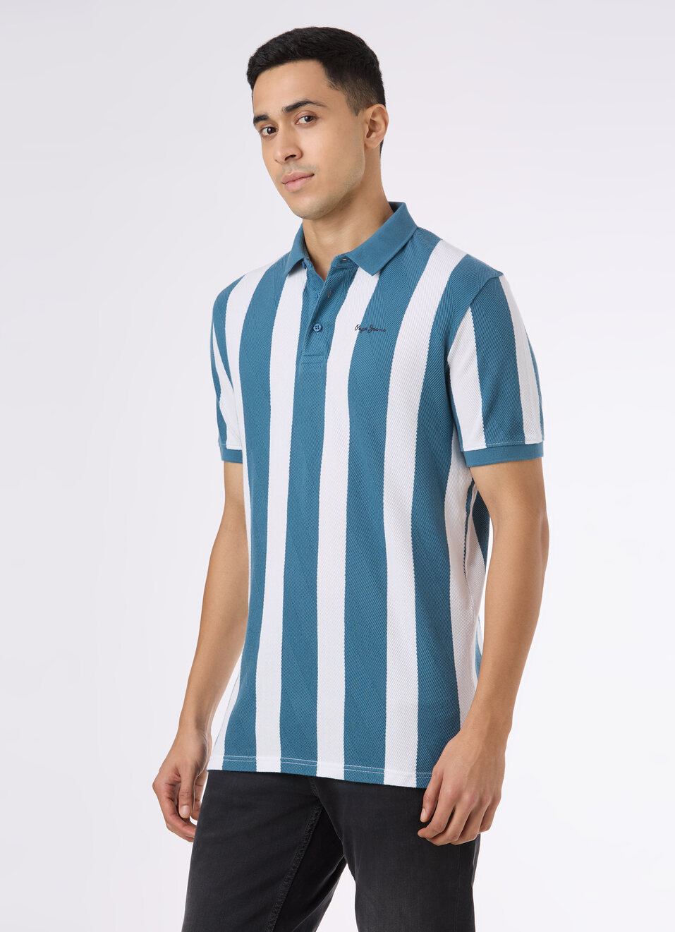 Men Teal Vertical Stripe Short Sleeve Polo, , large image number 3