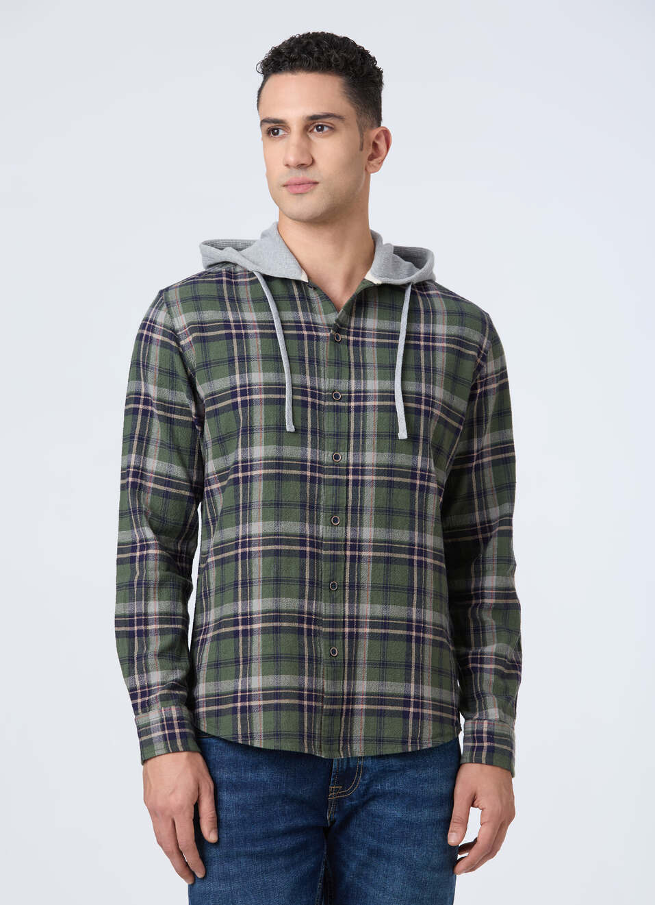 Men Green Hooded Check Full Sleeve Shirt, , large image number 1