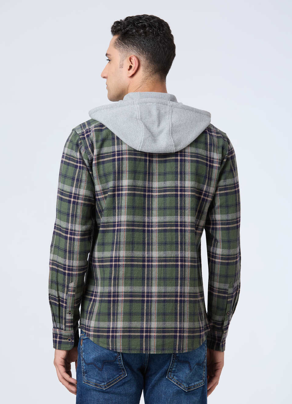 Men Green Hooded Check Full Sleeve Shirt, , large image number 2
