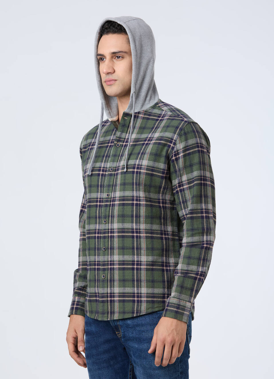 Men Green Hooded Check Full Sleeve Shirt, , large image number 3