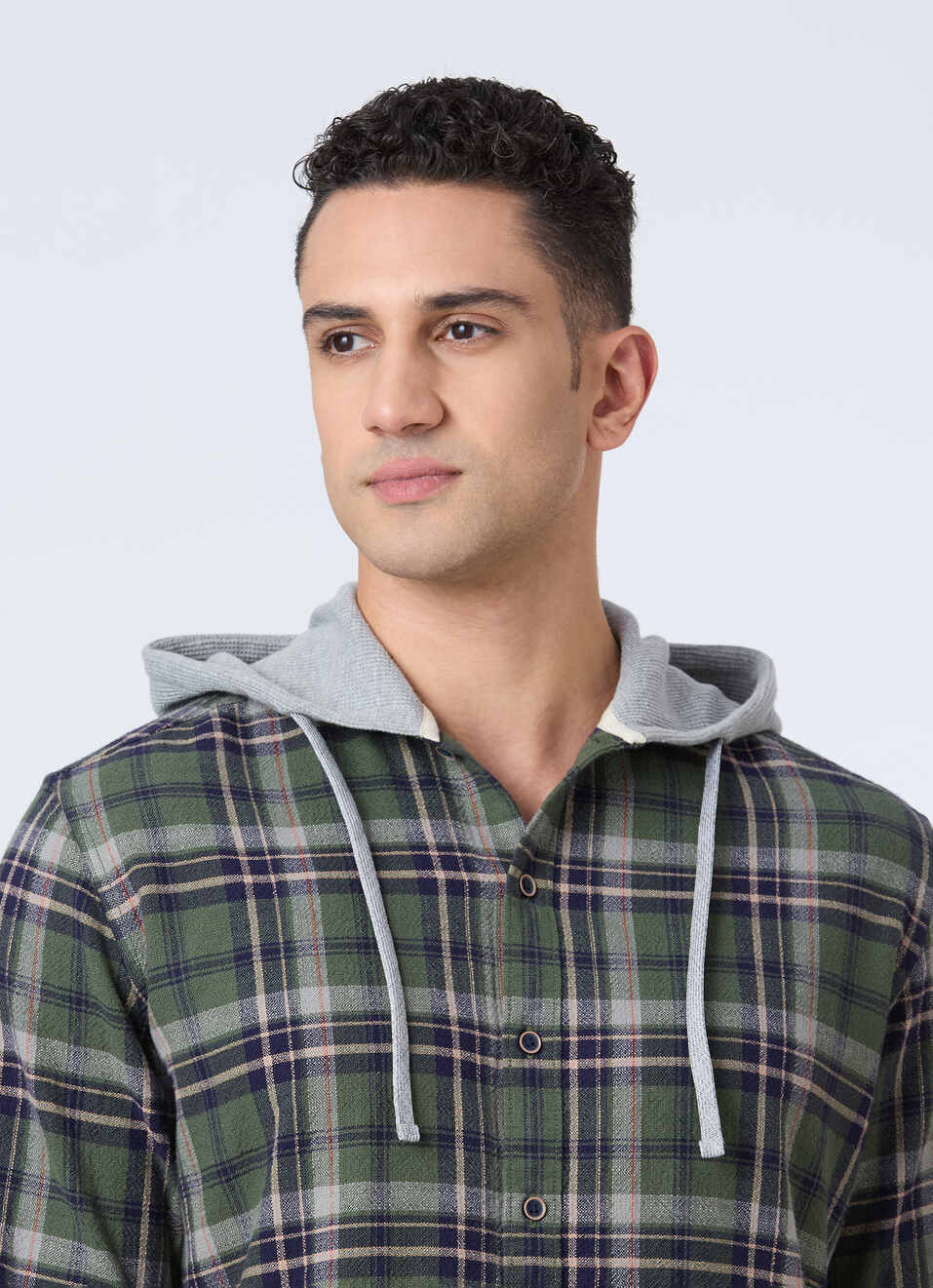 Men Green Hooded Check Full Sleeve Shirt, , large image number 4