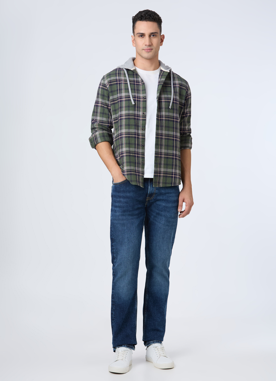 Men Green Hooded Check Full Sleeve Shirt, , large image number 5