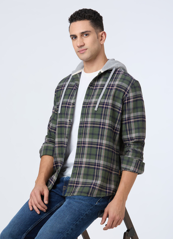 Men Green Hooded Check Full Sleeve Shirt