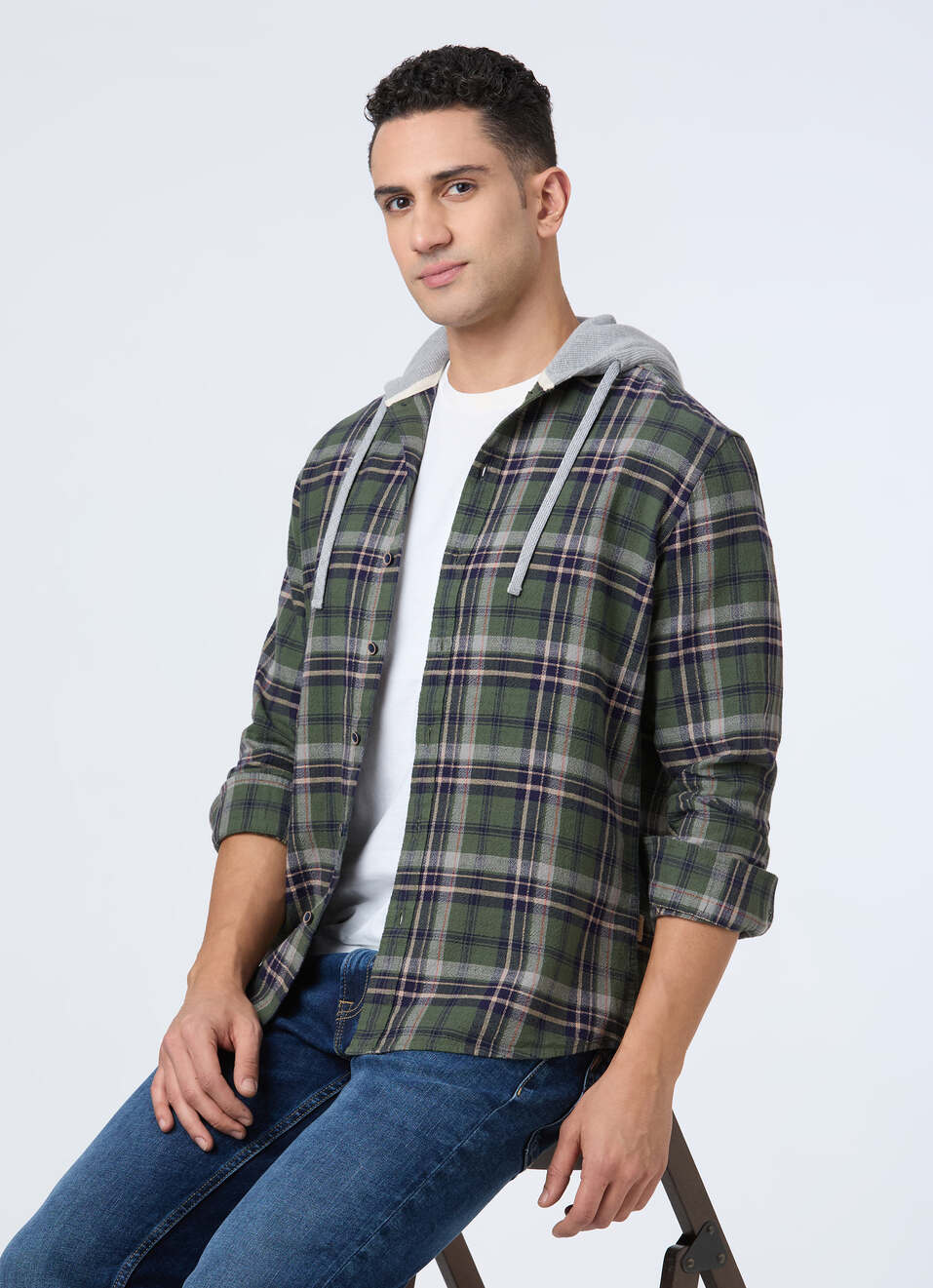 Men Green Hooded Check Full Sleeve Shirt, , large image number 0