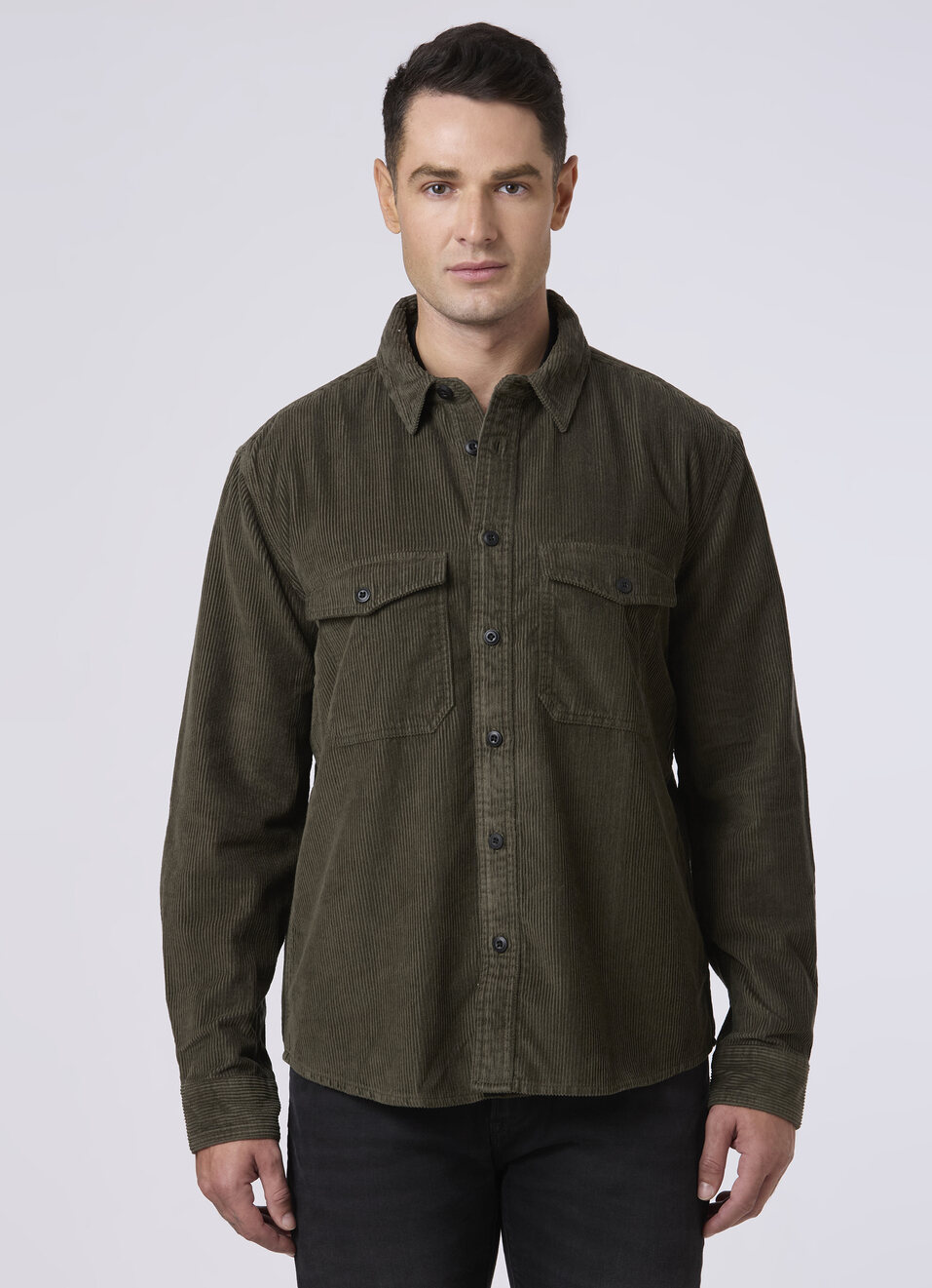 Men Green Corduroy Oversized Shirt With Flap Pocket, , large image number 1