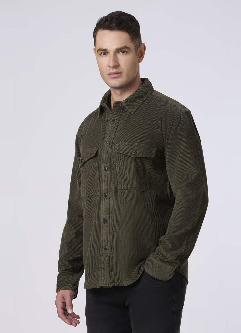 Men Green Corduroy Oversized Shirt With Flap Pocket, , large image number 3